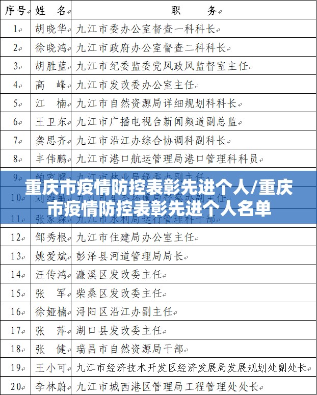 重庆市疫情防控表彰先进个人/重庆市疫情防控表彰先进个人名单
